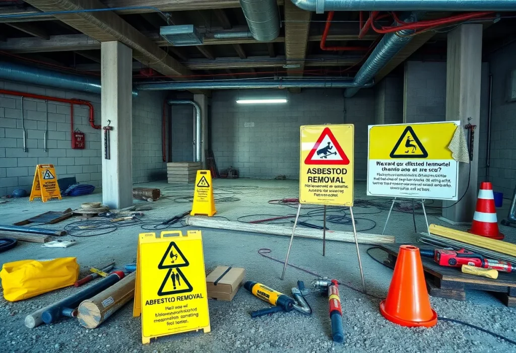Construction site with asbestos warning signs