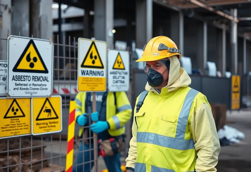 Warning signs and protective equipment at an asbestos removal site