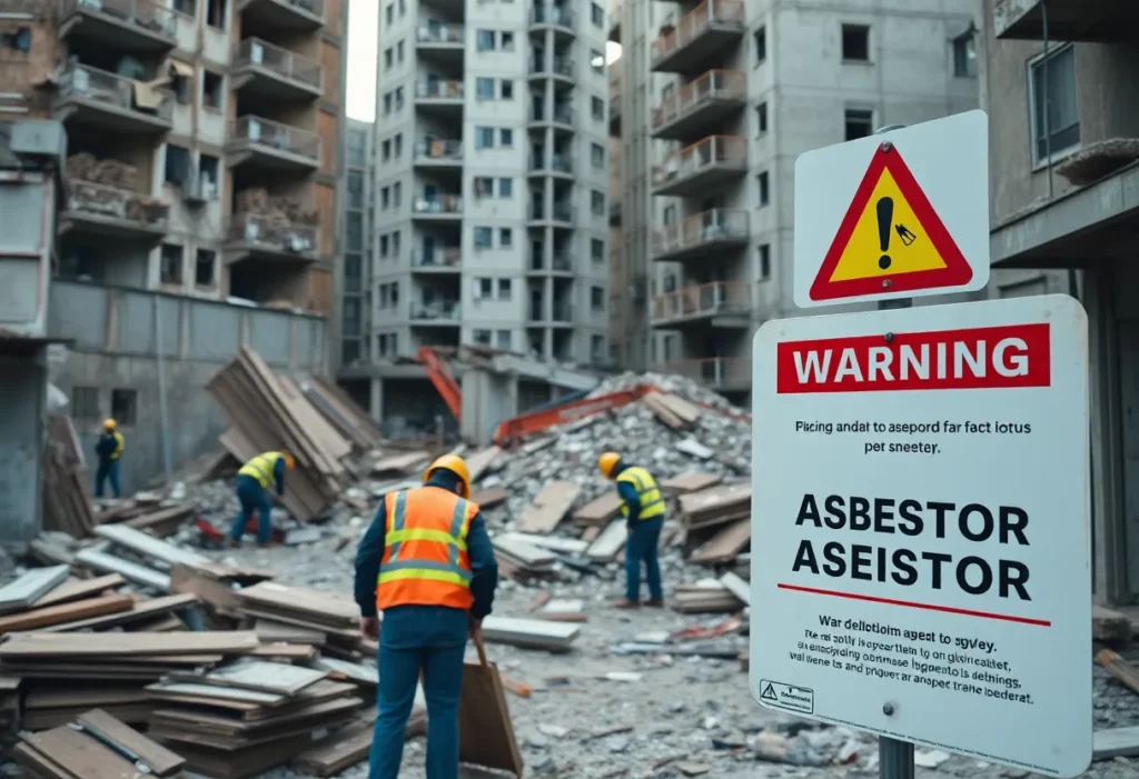 Workers conducting asbestos removal at a demolition site in Zanesville, Ohio