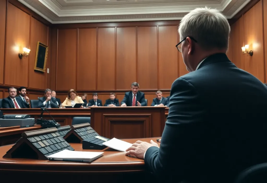 Courtroom scene of the asbestos roof removal scandal trial