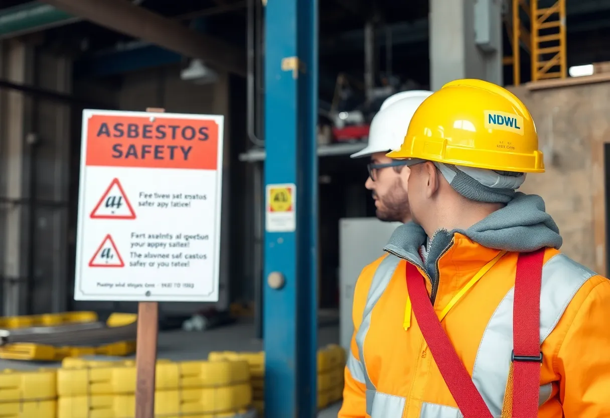 Signage promoting asbestos safety at a construction site