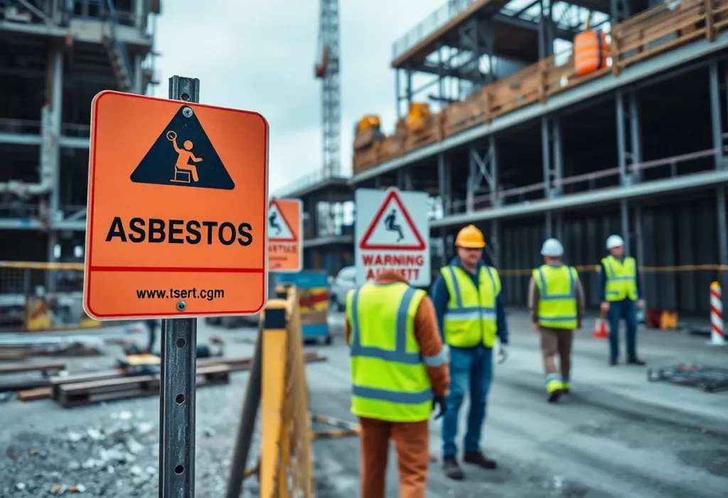 Construction site with safety signs and protective equipment