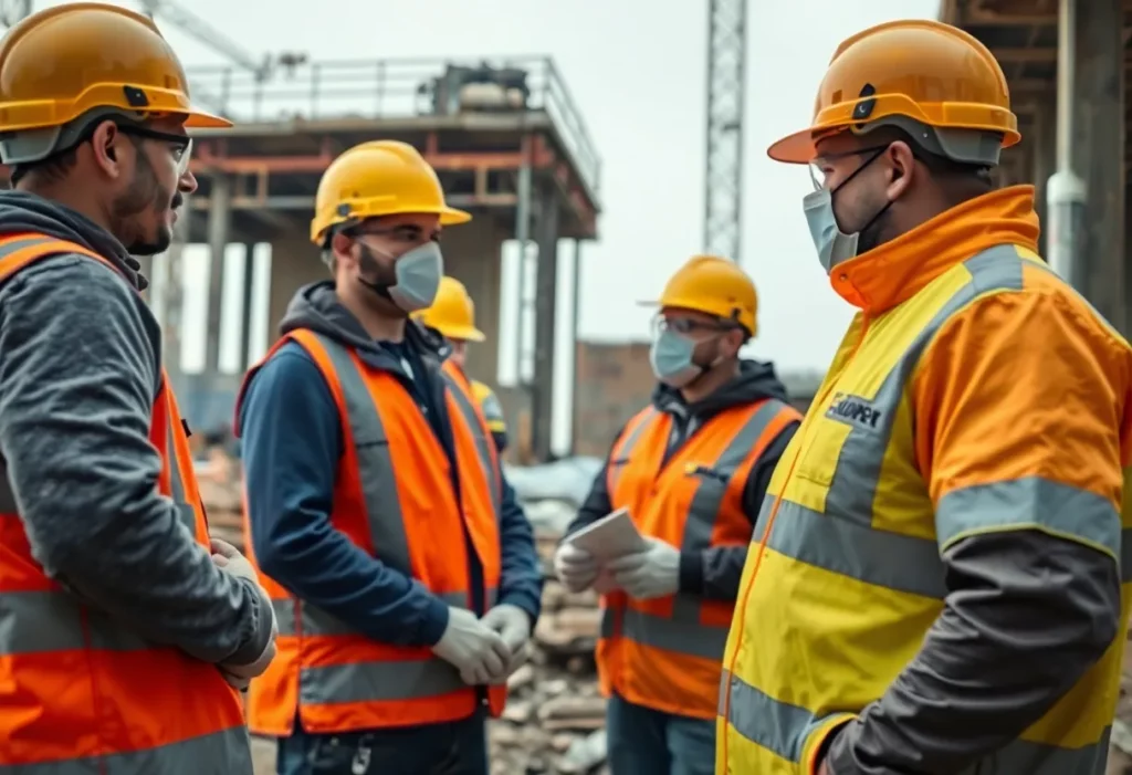 Construction workers wearing masks and safety gear at Trumbull Center site