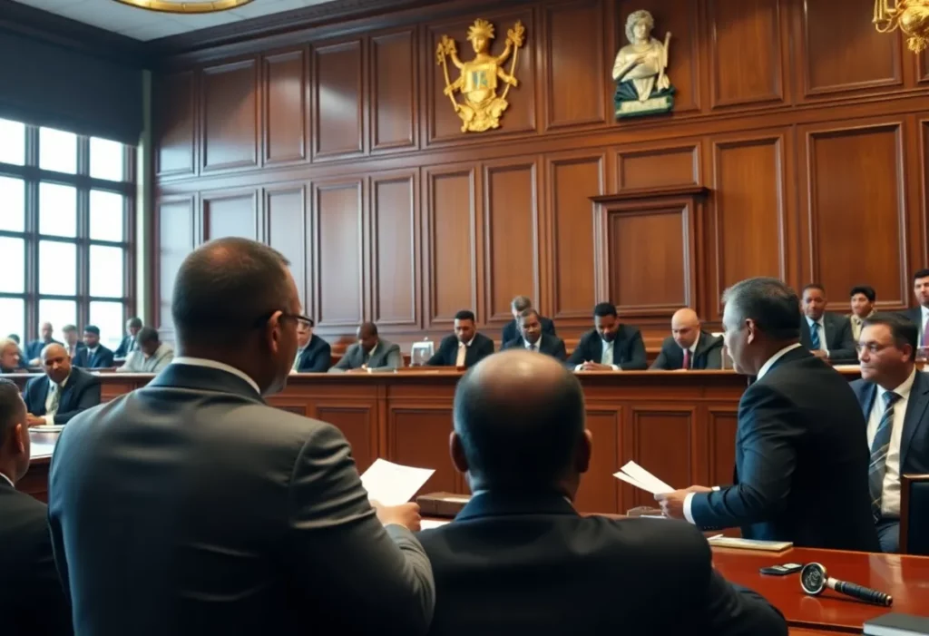 Courtroom scene from the asbestos scam trial with Ace Magashule