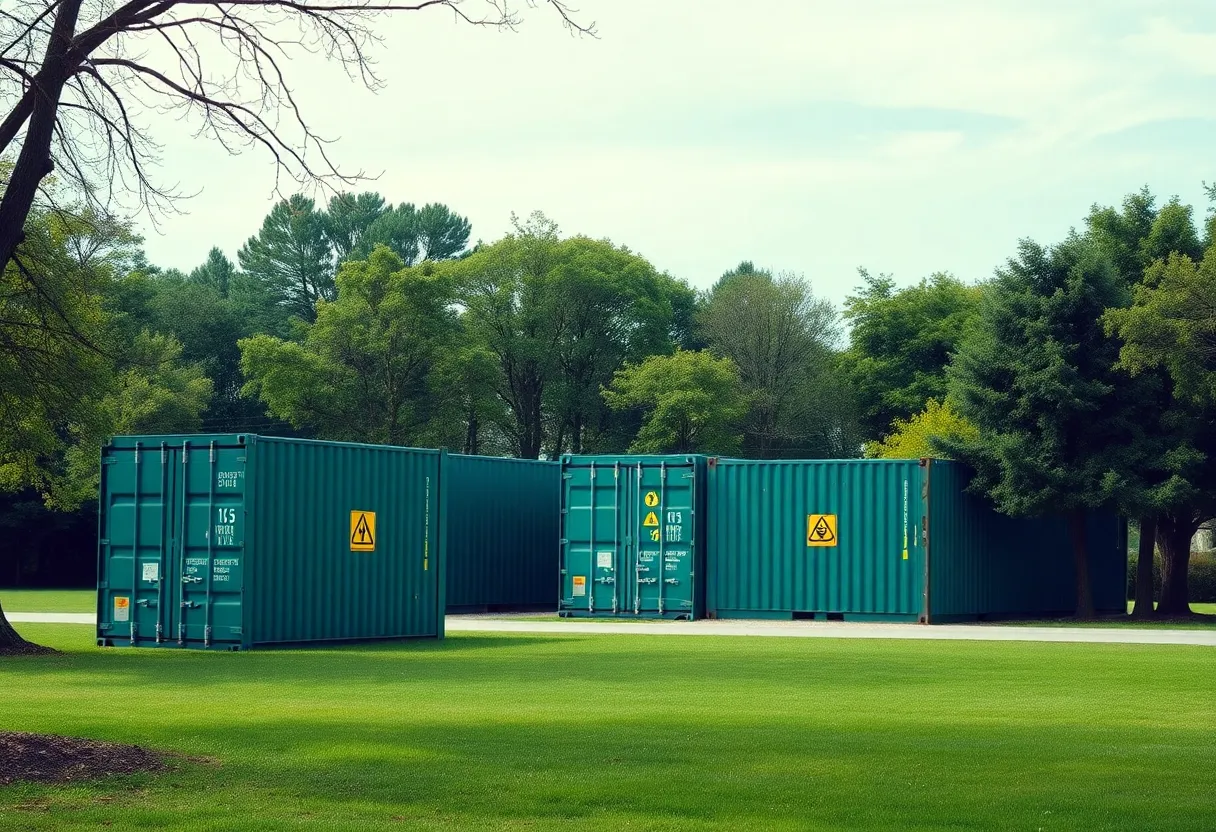 Containers marked with warning signs in Temescal Gateway Park indicating asbestos storage.