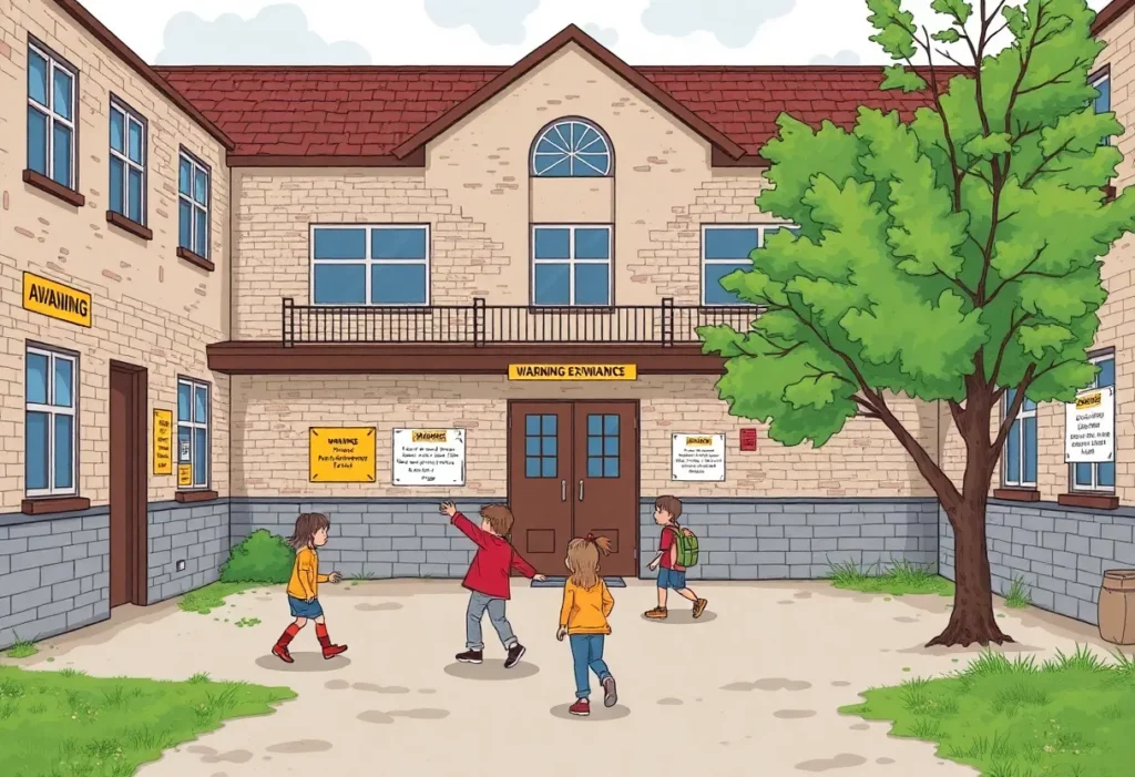 Old school building with warning signs about asbestos exposure