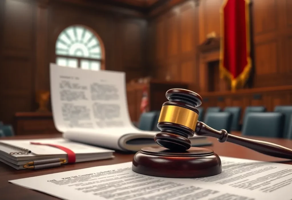 Courtroom scene illustrating the asbestos trial with legal documents and a gavel.