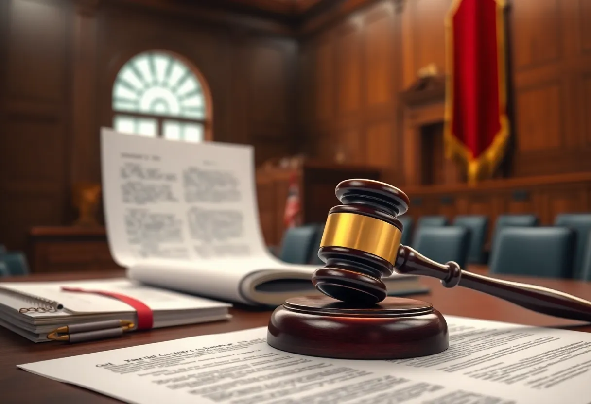 Courtroom scene illustrating the asbestos trial with legal documents and a gavel.