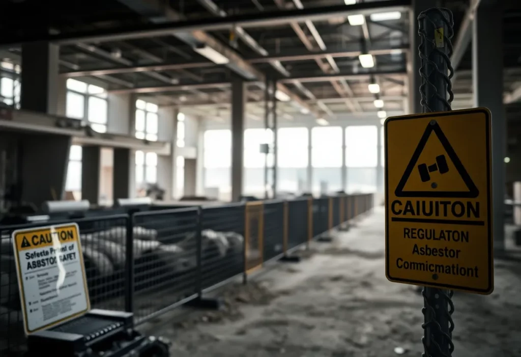 A construction site with caution tape and asbestos warning signs.