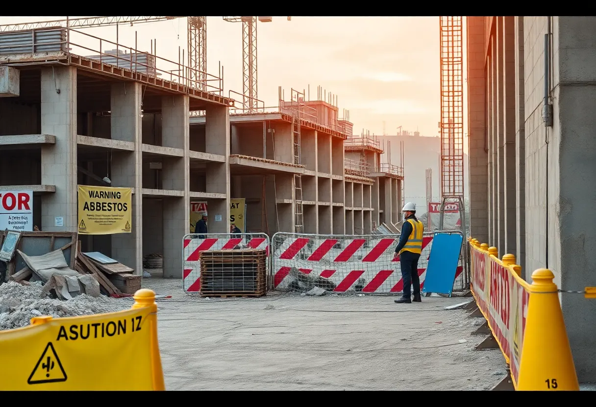 Construction workers wearing protective gear handling hazardous materials with safety warnings about asbestos.