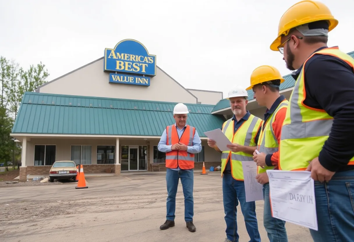 Construction site at former America’s Best Value Inn in Glen Ellyn with ongoing asbestos safety measures.