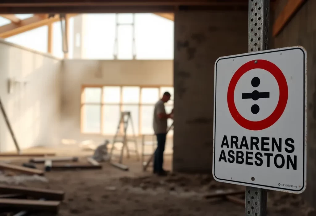Asbestos warning sign at a construction site with a silhouette of a carpenter.