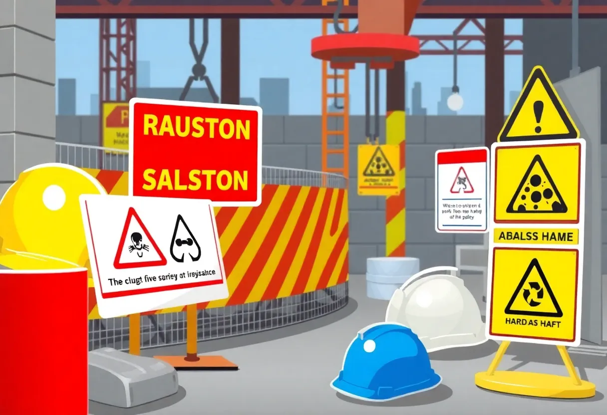 Construction site with asbestos safety warnings