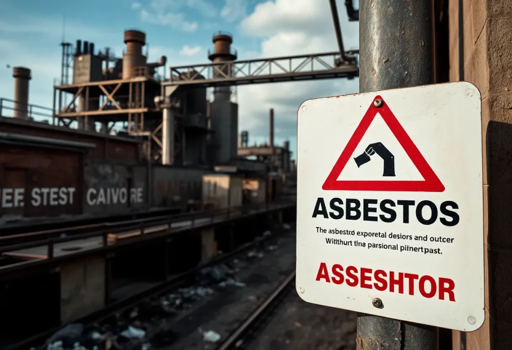 Warning sign indicating asbestos hazard at an industrial site