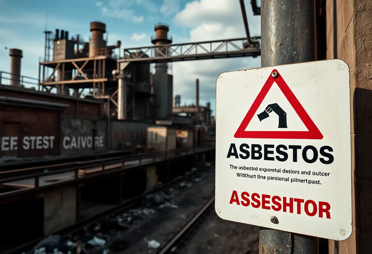 Warning sign indicating asbestos hazard at an industrial site