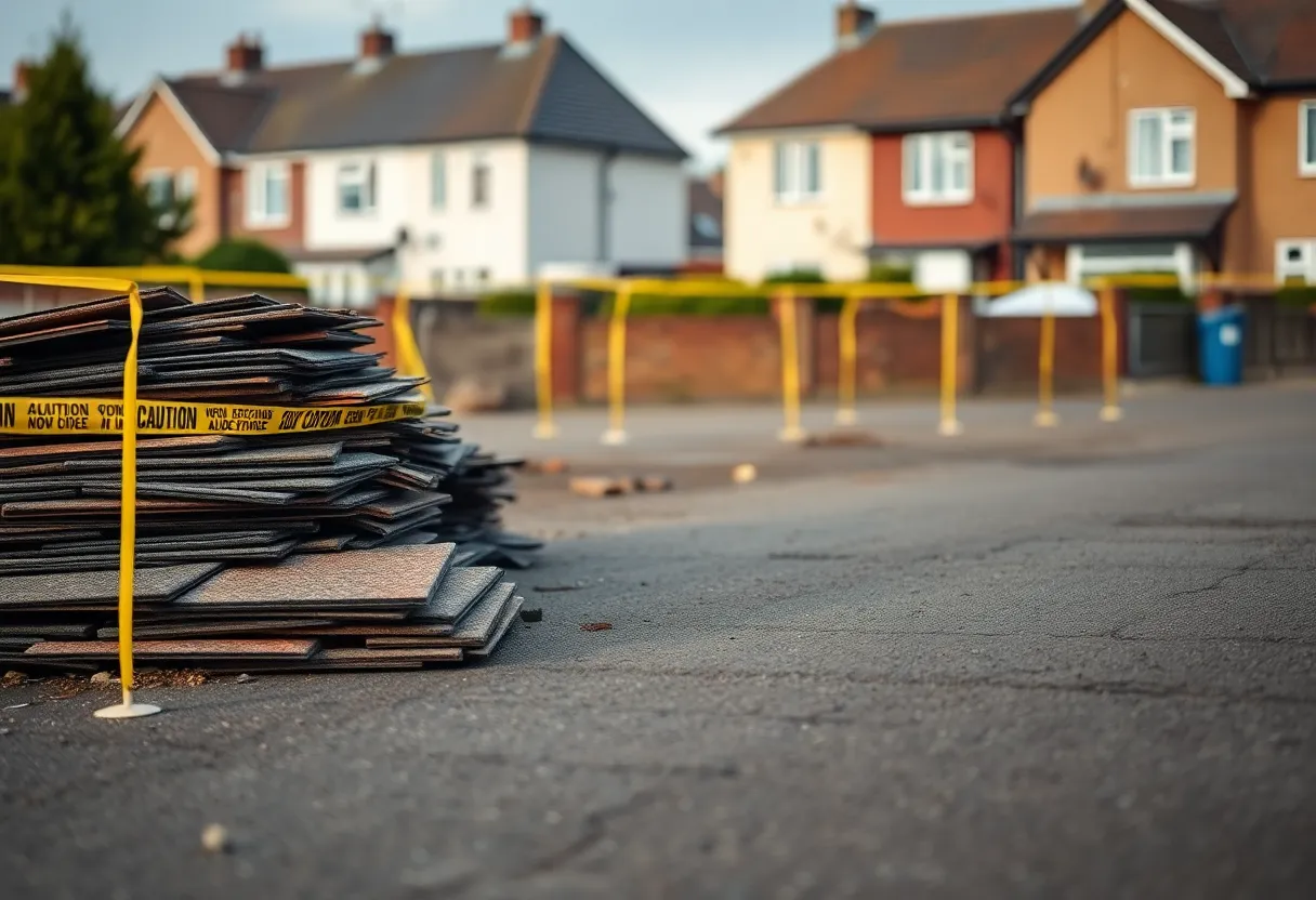 A pile of asbestos waste on a pavement with caution tape around it.