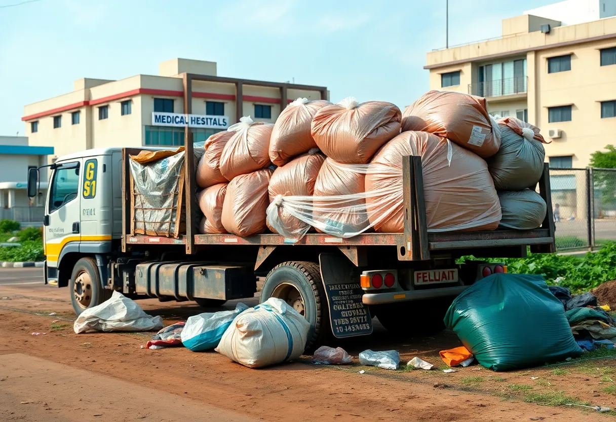 Scene of illegal waste dumping with medical centers in the background