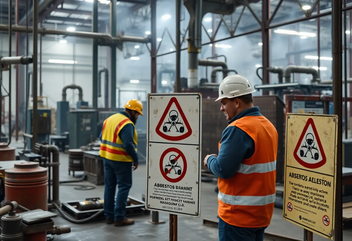 Workers in an industrial setting with asbestos warning signs