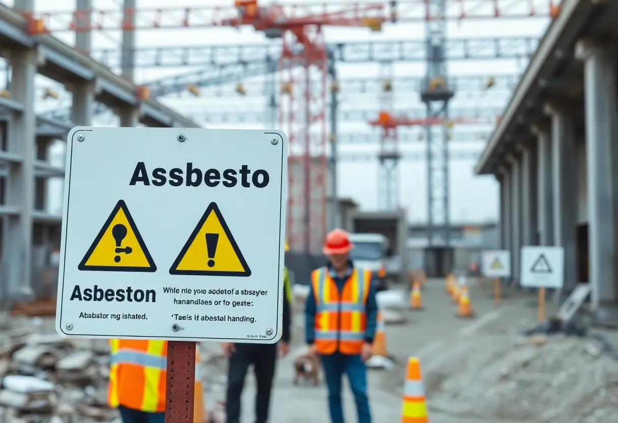 Construction site with warning signs about asbestos safety