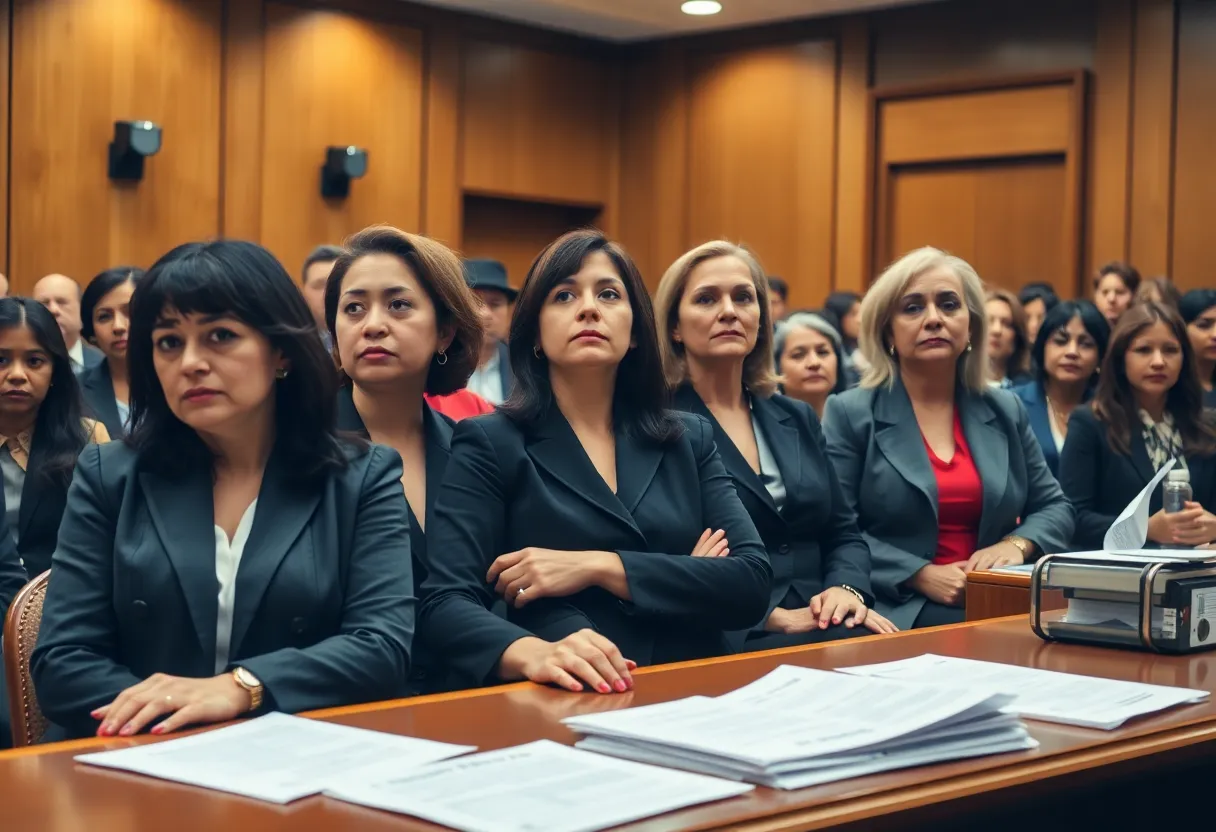A courtroom scene during the Free State Asbestos Trial with spectators and legal figures.