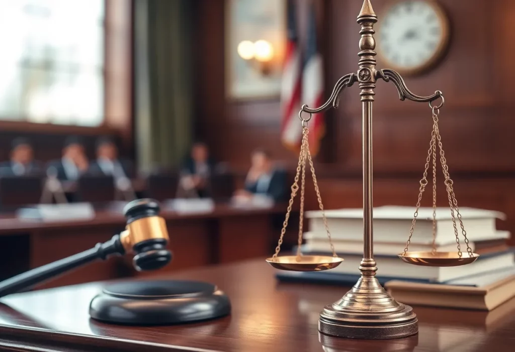 Courtroom scene representing asbestos trust fund legal proceedings