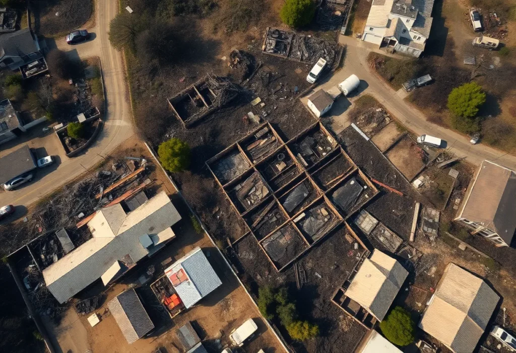 Devastated landscape from California wildfires showing burned buildings
