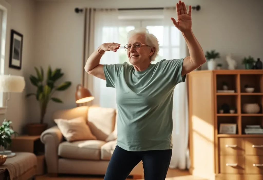Cancer survivor doing light exercise at home
