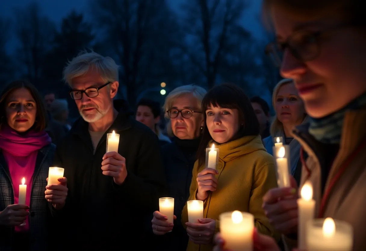 Participants holding candles during a vigil for asbestos victims