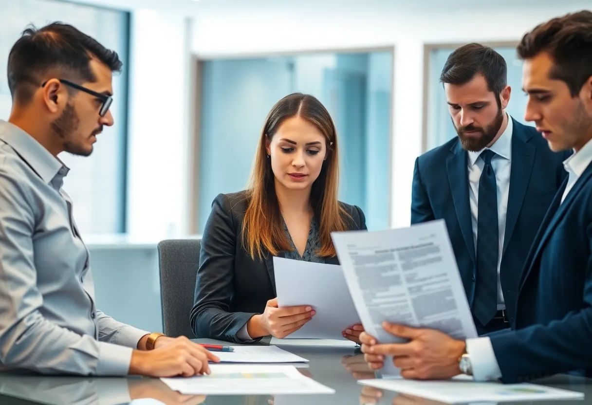 Professionals discussing legal actions over redundancy claims