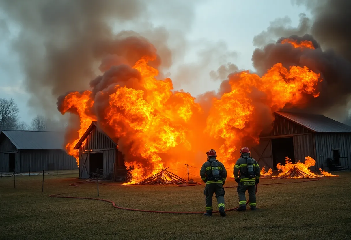Firefighters extinguishing a barn fire in Chudleigh