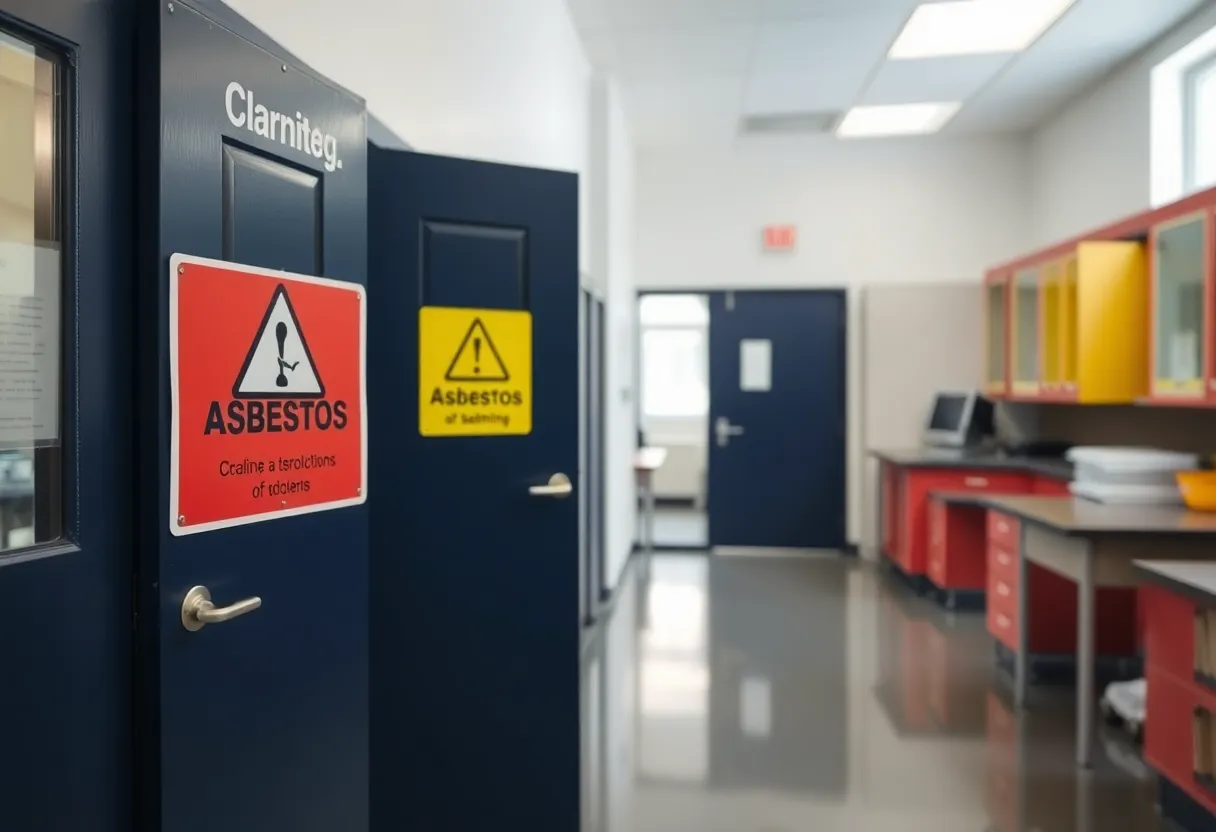 Closure notice on the door of a science lab due to asbestos discovery