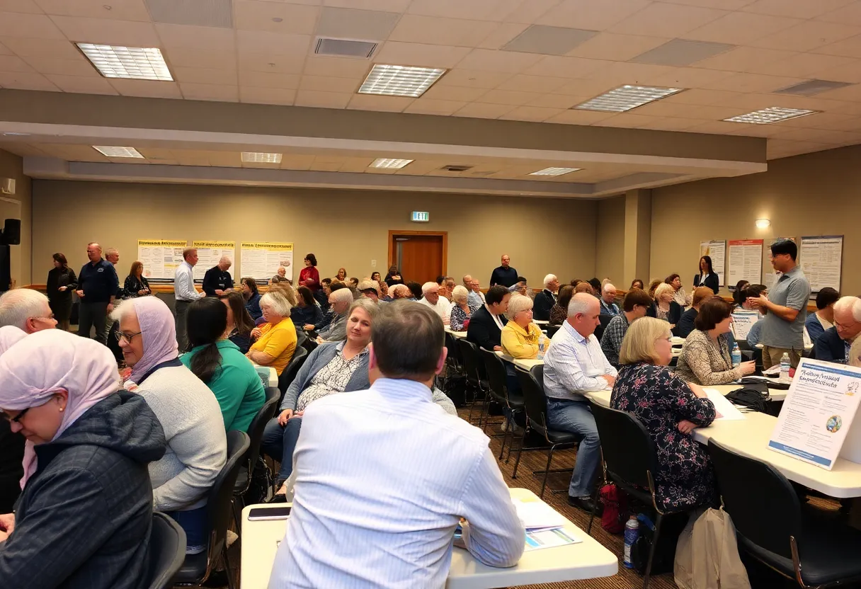 A community hall gathering for asbestos awareness, highlighting safety measures.