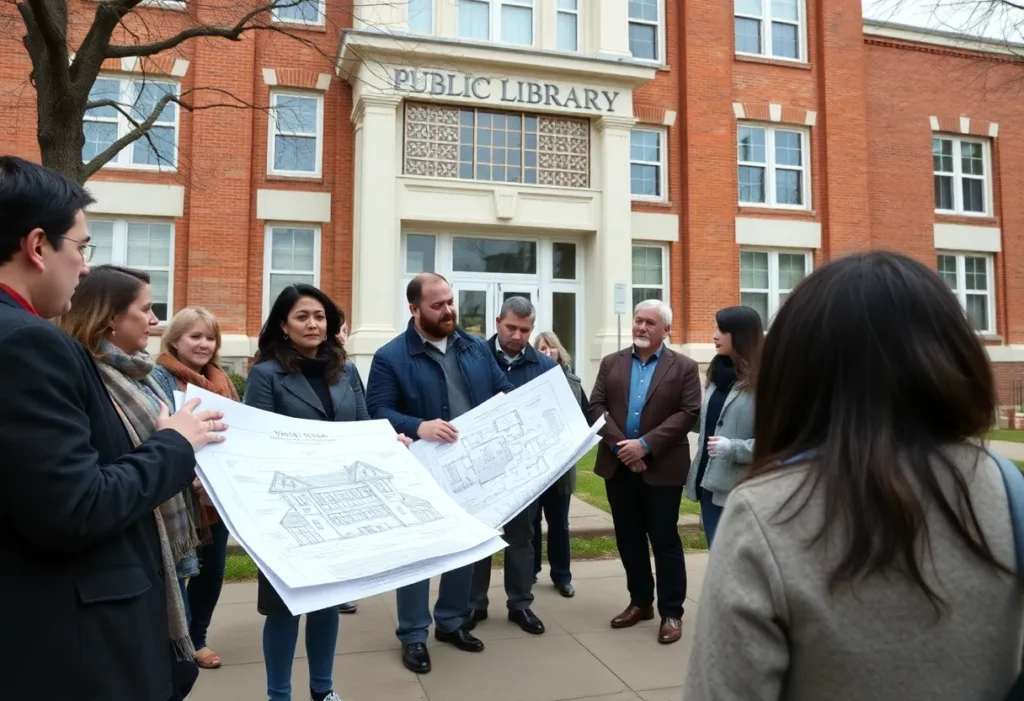 Community members discussing plans for library renovation