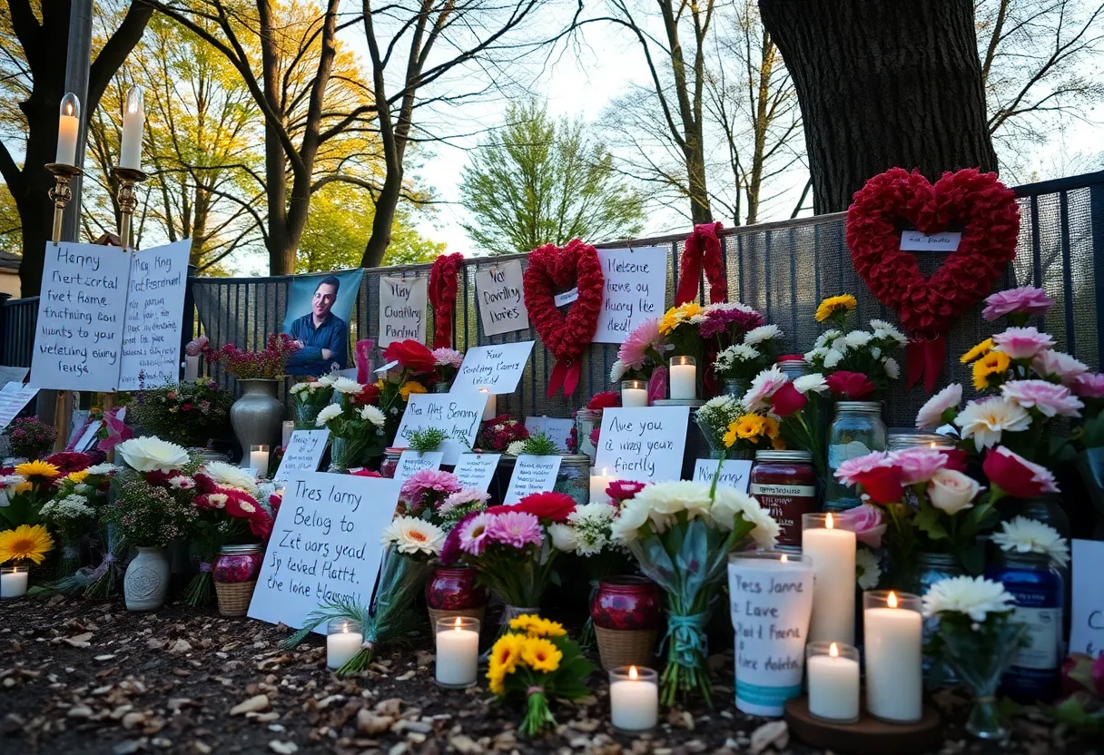 Memorial for a craftsman with flowers and candles in a serene environment