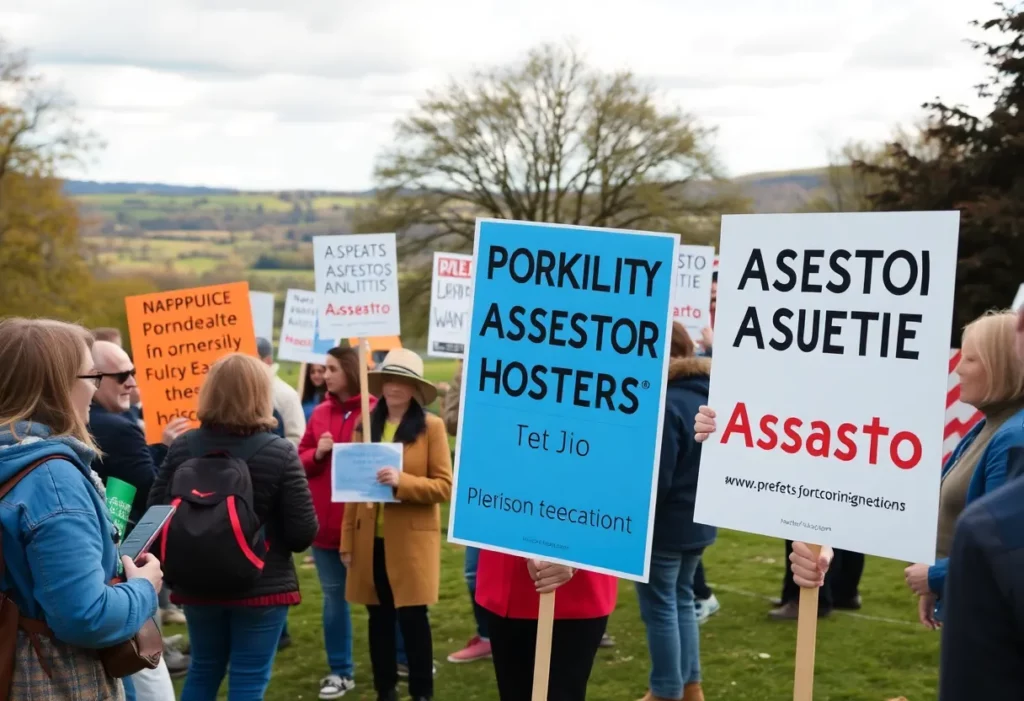 Community gathering advocating for workplace safety and asbestos justice.