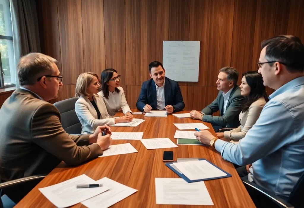 Consultants discussing compliance strategies in a meeting room