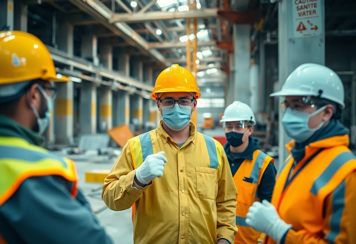 Construction workers wearing protective gear on site, focusing on safety against asbestos hazards.