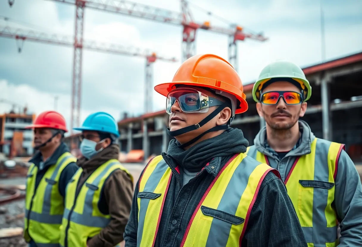 Construction workers using protective equipment on site to combat silica dust exposure.