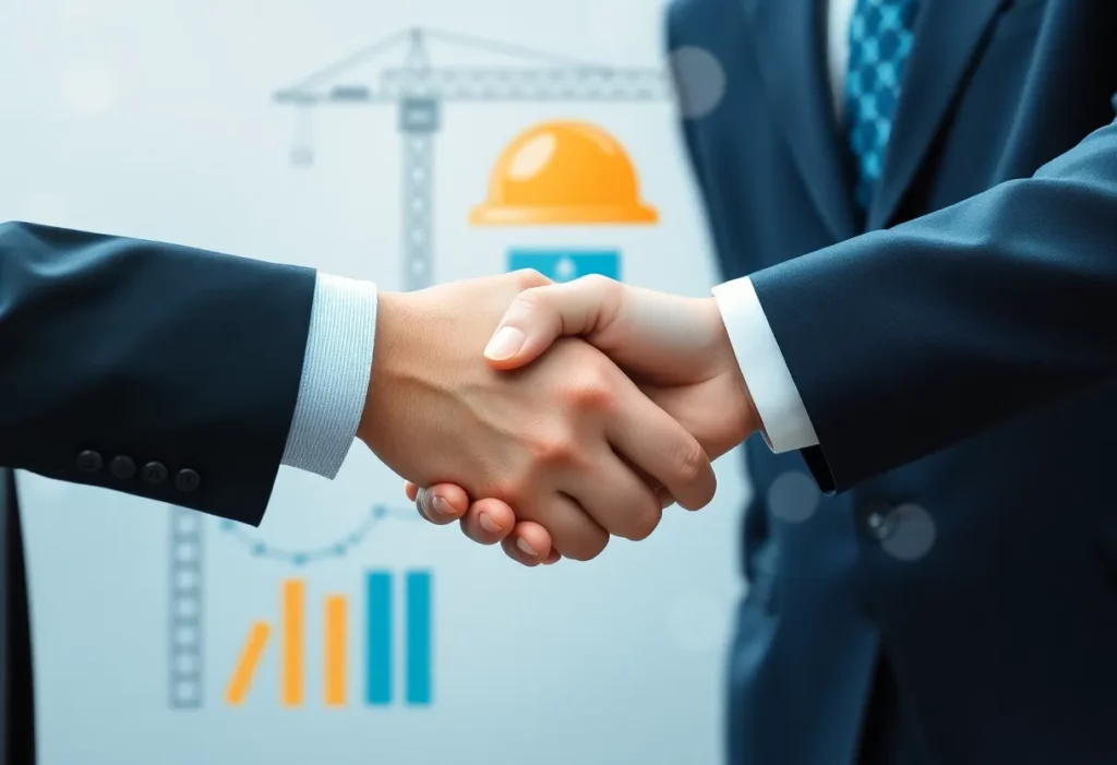 Business executives engaged in a corporate acquisition handshake.