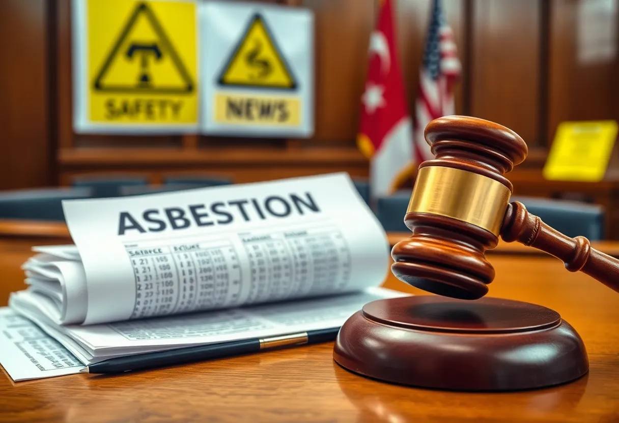 Courtroom scene depicting a ruling on asbestos violations.