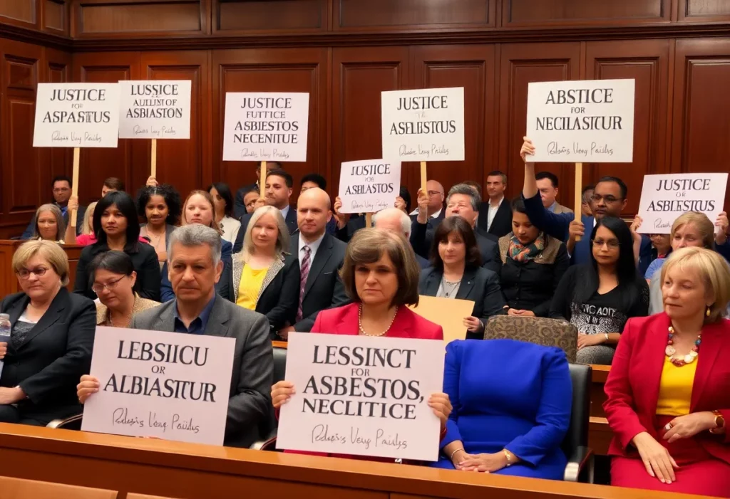 A diverse group advocating for justice in an asbestos-related courtroom