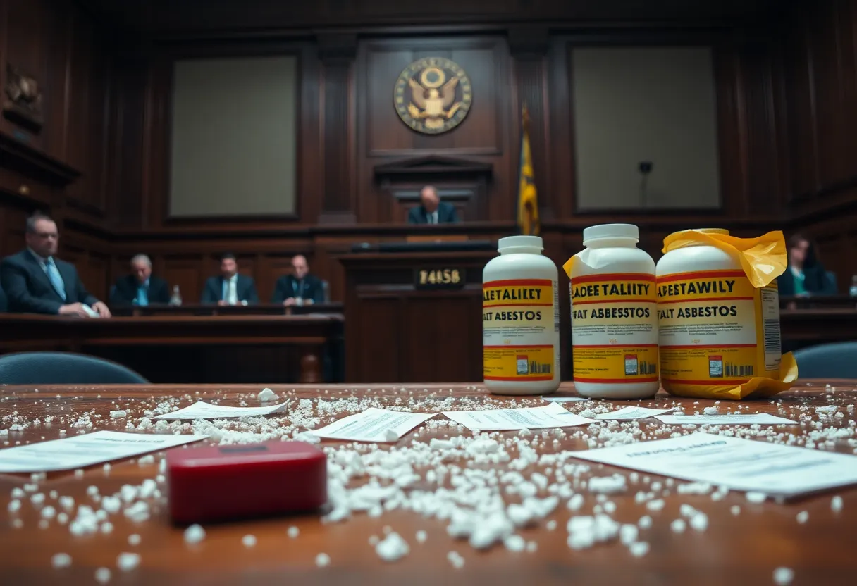 Courtroom scene focused on asbestos litigation.