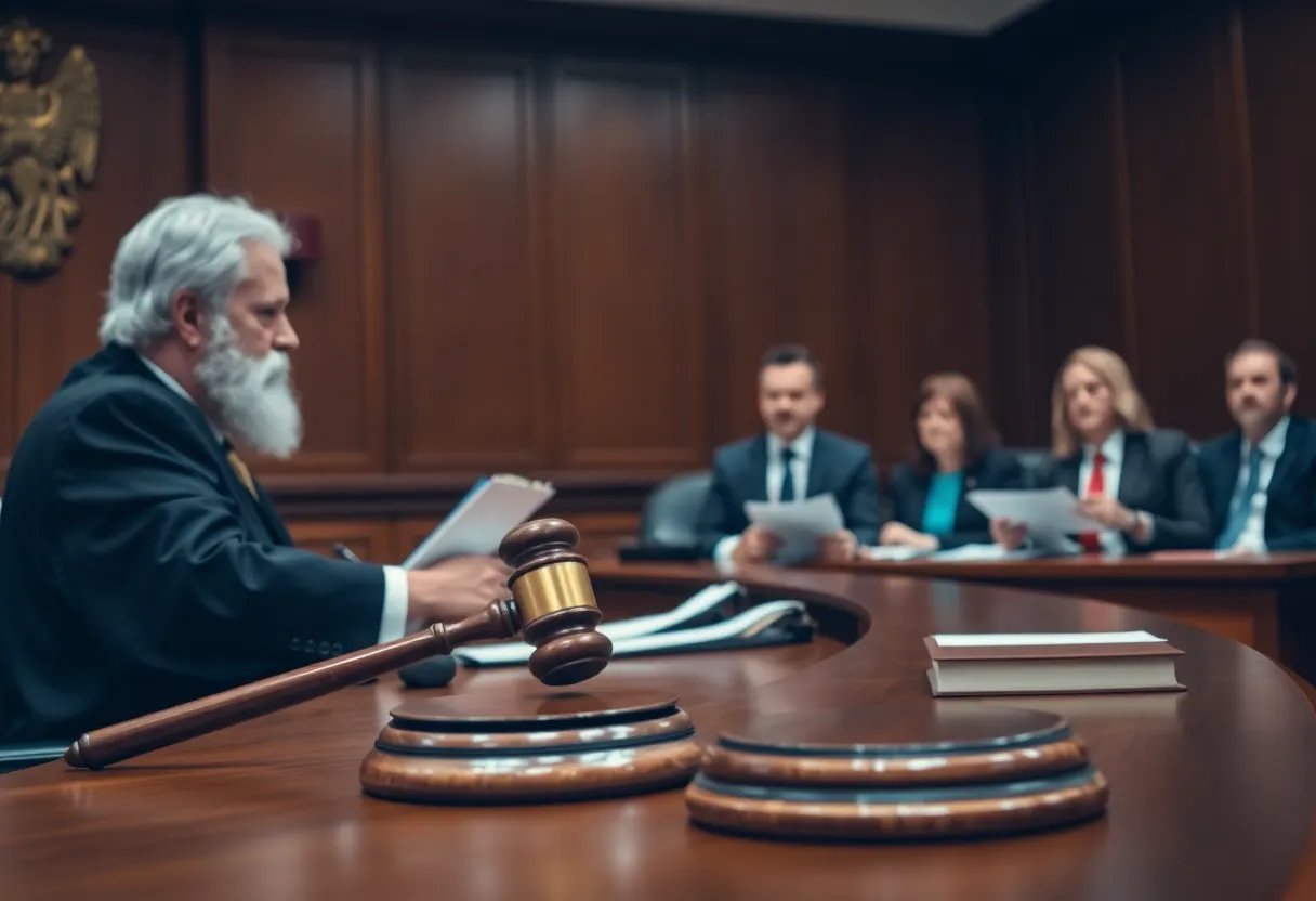 A courtroom scene during an asbestos exposure trial