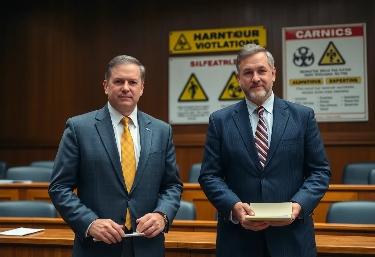 Two men being sentenced for asbestos violations in courtroom.