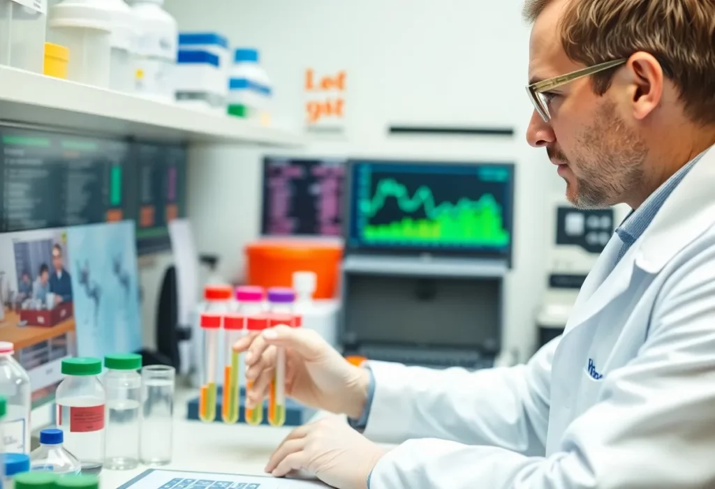Researcher in a lab analyzing mesothelioma treatment data