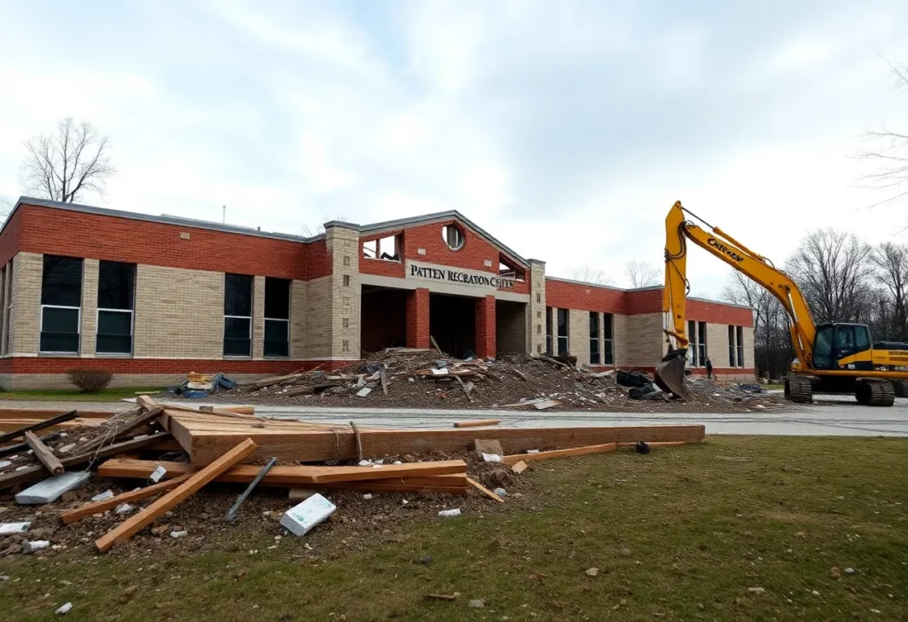 Demolition site of Patten Recreation Center revealing debris and an excavator