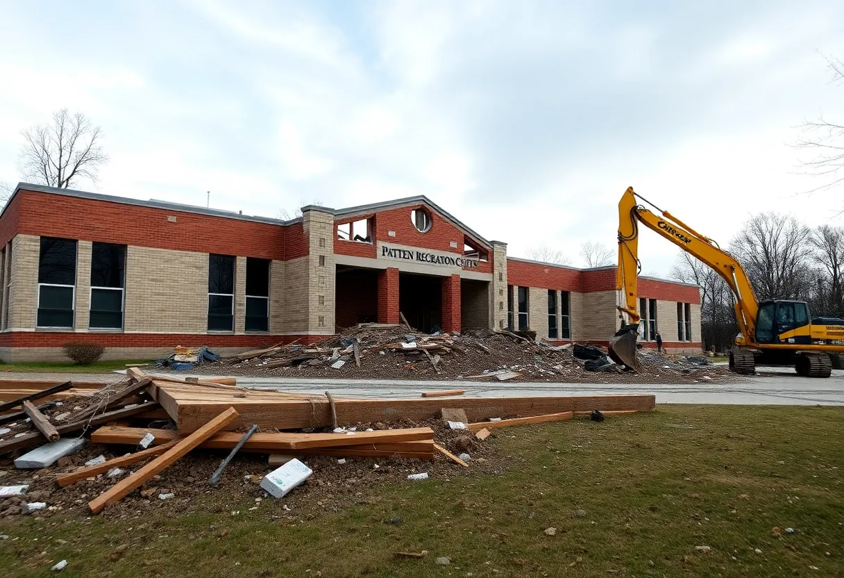 Demolition site of Patten Recreation Center revealing debris and an excavator