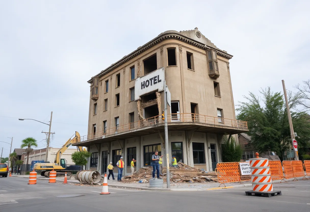 Workers demolishing Hotel O in Jackson, representing community improvement.