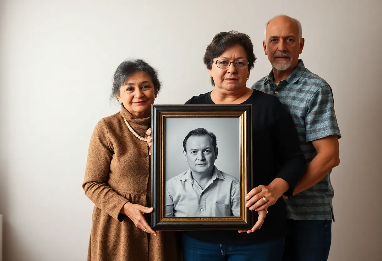 The Devall family stands together holding a photo of Richie.