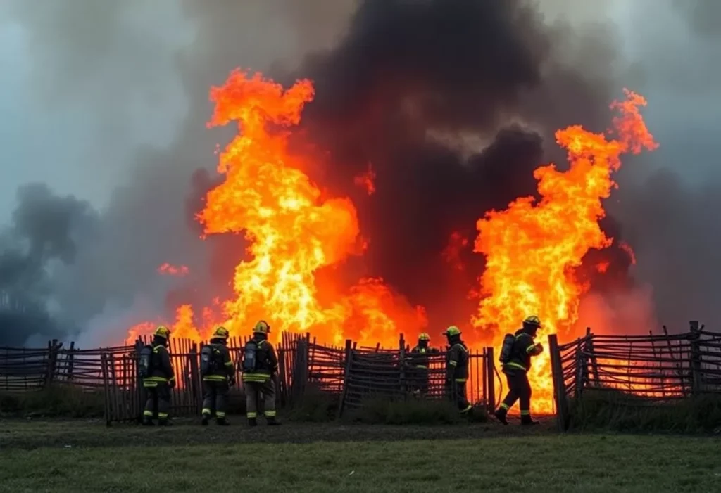 Firefighters responding to a barn fire in Devon, with smoke and flames visible.